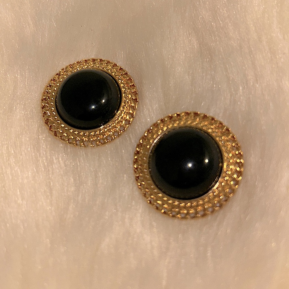 Vintage Monet black enamel and Gold earrings for pierced ears